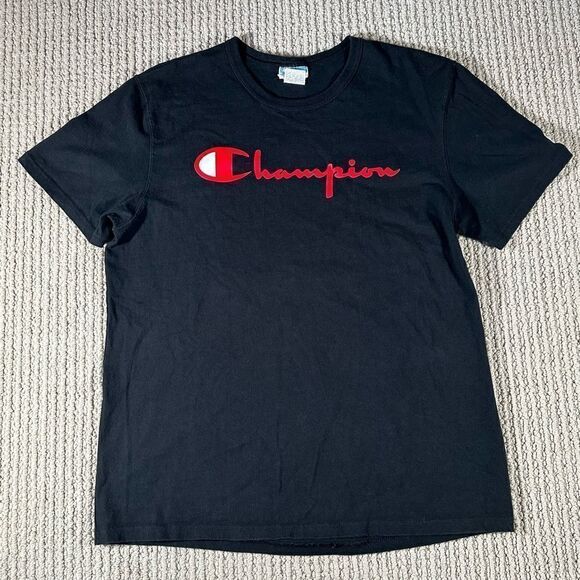 Vintage Champion Men's‎ Life Heritage Flock 90s Logo T-Shirt Black Large Spell - Picture 1 of 5